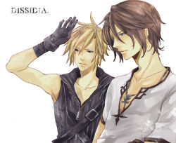 Rule 34 | 1990s (style), 2boys, bad id, bad pixiv id, blonde hair, blue eyes, brown hair, chizu (rk), cloud strife, collarbone, dissidia final fantasy, final fantasy, final fantasy vii, final fantasy viii, gloves, griever, jewelry, male focus, multiple boys, necklace, retro artstyle, shirt, simple background, sleeveless, sleeveless shirt, squall leonhart, t-shirt, white background, zipper