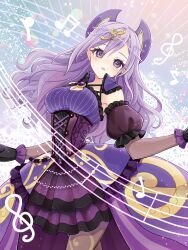 Rule 34 | 1girl, absurdres, black gloves, blush, breasts, cleavage, detached sleeves, dress, duel monster, fortissimo, frilled dress, frilled gloves, frills, gloves, hair ornament, highres, long hair, medium breasts, merrybear, musical note, musical note hair ornament, open mouth, pantyhose, purple dress, purple eyes, purple hair, short sleeves, solo, solsolfachord gracia, treble clef, yu-gi-oh!
