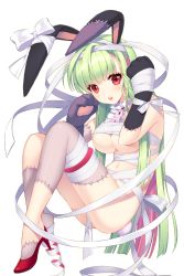 Rule 34 | 1girl, animal ears, animal hands, green hair, high heels, highres, long hair, looking at viewer, navel, official art, parted lips, rabbit ears, red eyes, shirahane nao, shoes, shura (soccer spirits), single shoe, sitting, soccer spirits, solo, stitches, transparent background, very long hair