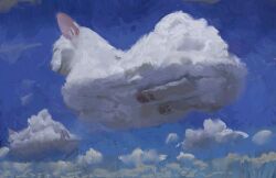 Rule 34 | animal focus, blue sky, cat, cat loaf, closed eyes, cloud, cloudy sky, commentary, day, english commentary, faux traditional media, from below, giant, highres, impasto, no humans, original, painterly, photo-referenced, rythayze, sky, smile, white cat, white fur