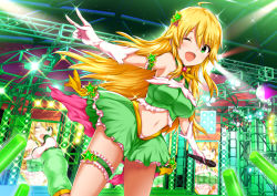 Rule 34 | 1girl, ;d, ahoge, blonde hair, breasts, bridal garter, crop top, frills, glowstick, green eyes, green skirt, hair between eyes, hair ornament, holding, holding microphone, hoshii miki, idolmaster, idolmaster (classic), large breasts, long hair, looking at viewer, maruwa tarou, microphone, navel, one eye closed, open mouth, skirt, smile, solo, stage, standing, standing on one leg, star (symbol), star hair ornament, tareme