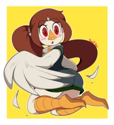 Rule 34 | :o, artist name, ass, blush, blush stickers, brown hair, cape, commentary, english commentary, feathered wings, from behind, full body, heart, highres, long hair, medli, monster girl, nintendo, open mouth, outline, ponytail, red eyes, rito, signature, simple background, soles, solo, the legend of zelda, the legend of zelda: the wind waker, thick thighs, thighs, toonigal, wings, yellow background