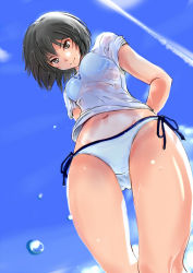 Rule 34 | 1girl, amagami, arms behind back, bikini, black hair, brown eyes, cloud, commentary, day, water drop, from below, lens flare, light smile, looking at viewer, murasaki iro, nanasaki ai, pov, revision, see-through, shirt, short hair, sky, solo, swimsuit, wet, wet clothes, wet shirt, white bikini