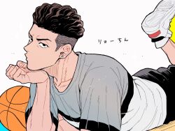 Rule 34 | 1boy, ball, basketball, basketball (object), black eyes, brown hair, earrings, gorii, hand on own chin, highres, jewelry, looking at viewer, lying, male focus, miyagi ryouta, on stomach, pompadour, shirt, simple background, slam dunk (series), solo, stud earrings, undercut, white background