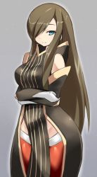 Rule 34 | 1girl, blue eyes, breasts, brown hair, gloves, hair over one eye, karukan (monjya), long hair, looking at viewer, simple background, smile, solo, tales of (series), tales of the abyss, tear grants, thighhighs