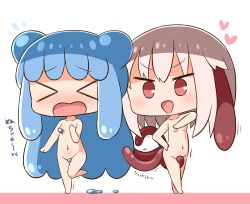 Rule 34 | &gt; &lt;, 2girls, :d, absurdres, barefoot, blue hair, blush, breasts, chibi, closed eyes, commentary request, convenient censoring, double bun, facing viewer, flying sweatdrops, grey hair, groin, hair between eyes, hair bun, half slime-chan, hana kazari, hand up, heart, highres, living clothes, long hair, monster girl, multiple girls, navel, nude, open mouth, original, red eyes, shokushu-chan, slime girl, small breasts, smile, standing, standing on one leg, tentacle clothes, translation request, v-shaped eyebrows, very long hair, wavy mouth, white background