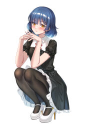 Rule 34 | 1girl, absurdres, black dress, black pantyhose, blue hair, blush, bocchi the rock!, breasts, collar, dress, earrings, frilled dress, frills, full body, hair ornament, hairclip, high heels, highres, jewelry, looking at viewer, looking to the side, medium breasts, mole, mole under eye, neck ribbon, pantyhose, red ribbon, reiku09, ribbon, short hair, short sleeves, simple background, solo, squatting, stud earrings, white background, white collar, white footwear, yamada ryo, yellow eyes