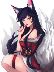 Rule 34 | 1girl, absurdres, ahri (league of legends), animal ear fluff, animal ears, artist name, bare shoulders, black hair, breasts, candy, facial mark, food, fox ears, fox tail, from side, highres, holding, holding candy, holding food, holding lollipop, large breasts, league of legends, lollipop, long hair, long sleeves, myra (floralmyra), off shoulder, solo, squatting, tail, thigh strap, watermark, whisker markings, white background, yellow eyes
