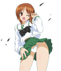 Rule 34 | 10s, 1girl, blush, bow, bow panties, brown eyes, brown hair, commentary, girls und panzer, green skirt, lace, lace-trimmed panties, lace trim, long sleeves, miniskirt, neckerchief, nishizumi miho, one eye closed, ooarai school uniform, open mouth, ouhashi, panties, pantyshot, pleated skirt, school uniform, serafuku, short hair, skirt, solo, standing, string panties, underwear, white background, white panties, wind, wind lift