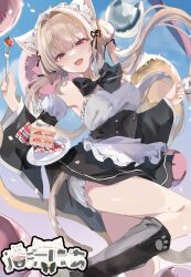 1girl animal_ears apron armpits bare_shoulders black_dress black_socks bloomers bow bowtie breasts brown_hair cake cake_slice cat_ears cat_tail cup detached_sleeves dolechan dress food fork grey_eyes hand_up holding holding_cup holding_fork indie_virtual_youtuber kneehighs long_hair long_sleeves looking_at_viewer low_twintails maid maid_apron maid_headdress medium_breasts nekona_nia open_mouth smile socks solo strapless strapless_dress tail thighs twintails underwear virtual_youtuber waist_apron wide_sleeves