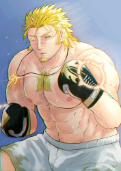 Rule 34 | 1boy, abs, absurdres, bara, bare pectorals, blind, blonde hair, boxing gloves, bulge, cowboy shot, facial hair, fighting stance, goatee, highres, jacob (housamo), jewelry, large pectorals, long sideburns, looking at viewer, male focus, mature male, muscular, muscular male, navel, necklace, nipples, one eye closed, pectorals, priest, scar, scar on face, scar on nose, topless male, short hair, shorts, sideburns, solo, stomach, tatatan (ts kon2), tokyo houkago summoners, white shorts, wrestling outfit