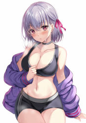 Rule 34 | 1girl, black shorts, black sports bra, blush, breasts, contemporary, fate/grand order, fate (series), hair ribbon, harimoji, jacket, kama (fate), long sleeves, looking at viewer, medium breasts, navel, off shoulder, open clothes, open jacket, open mouth, pink ribbon, purple jacket, red eyes, ribbon, short hair, shorts, silver hair, simple background, solo, sports bra, thighs