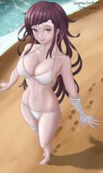 Rule 34 | 1girl, absurdres, armpits, bandaged arm, bandaged leg, bandages, barefoot, beach, breasts, cleavage, collarbone, danganronpa (series), danganronpa 2: goodbye despair, eyebrows, eyelashes, feet, female focus, from above, full body, highres, huge filesize, large breasts, looking at viewer, mole, mole under eye, navel, ocean, outdoors, outstretched arms, outstretched hand, pink eyes, purple hair, sandals, sigmasyndicate, solo, standing, tagme, toes, tsumiki mikan, water, white background