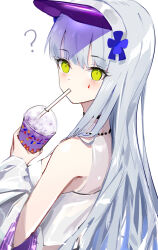 Rule 34 | 1girl, ?, bare shoulders, black choker, blue hair, blush, choker, commentary, cross hair ornament, cup, drinking straw, drinking straw in mouth, english commentary, girls&#039; frontline, green eyes, grimace shake (meme), hair ornament, highres, hk416 (girls&#039; frontline), hk416 (white negroni) (girls&#039; frontline), holding, holding cup, jewelry, long hair, looking at viewer, looking back, meme, mixed-language commentary, necklace, shade, shirt, sidelocks, simple background, sleeveless, sleeveless shirt, solo, spoken question mark, teardrop facial mark, upper body, visor cap, white background, white shirt, wolf9