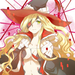 Rule 34 | 1girl, blonde hair, cape, collarbone, eyepatch, green eyes, hat, jewelry, long hair, looking to the side, navel, necklace, nibu (raefire12), othinus, solo, toaru majutsu no index, toaru majutsu no index: new testament, wavy hair, witch hat
