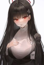 Rule 34 | 1girl, absurdres, black hair, black jacket, blue archive, blunt bangs, blush, breasts, commentary, fingernails, furrowed brow, hair ornament, hairclip, halo, hand on own chest, highres, jacket, large breasts, long hair, long sleeves, looking at viewer, loose hair strand, parted lips, red eyes, rio (blue archive), ryu o, shirt, simple background, solo, sweatdrop, upper body, white background, white shirt
