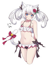 Rule 34 | 1girl, :t, animal ear fluff, animal ears, arms behind back, azur lane, bell, bikini, black bow, blush, bow, breasts, cat ears, cat girl, cat tail, cropped legs, frilled bikini, frills, hair bow, hammann (azur lane), hammann (rebellious summer) (azur lane), long hair, pout, simple background, small breasts, solo, swimsuit, tail, tail bell, tail bow, tail ornament, twintails, white background, white hair, yoruhachi