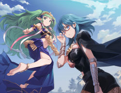 Rule 34 | 2girls, adjusting eyewear, anklet, armor, armored dress, bare legs, barefoot, bespectacled, black cloak, black legwear, black shorts, blue dress, blue eyes, blue hair, blue sky, blush, braid, breasts, brown pantyhose, byleth (female) (fire emblem), byleth (fire emblem), cloak, closed mouth, cloud, cloudy sky, commentary, cowboy shot, day, diadem, dress, fire emblem, fire emblem: three houses, floating, full body, glasses, green eyes, green hair, hair between eyes, highres, jewelry, long hair, looking at viewer, medium breasts, medium hair, midriff, multiple girls, navel, nintendo, outdoors, pantyhose, pantyhose under shorts, parted lips, red-framed eyewear, ribbon, semi-rimless eyewear, short shorts, shorts, side braid, sky, smile, soles, sothis (fire emblem), thighs, tugo, twin braids, vambraces