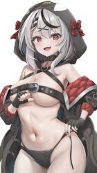 Rule 34 | 1girl, @ @, animal hood, belt bra, bikini, bikini bottom only, black coat, black gloves, black hair, bow, braid, breast strap, breasts, chest belt, coat, collar, commentary request, fingerless gloves, gloves, grey hair, hair ornament, heart collar, highres, hololive, hood, large breasts, looking at viewer, medium hair, midriff, multicolored hair, navel, nekonosuke, off shoulder, open mouth, orca hood, plaid, plaid bow, red bow, red eyes, red nails, sakamata chloe, sakamata chloe (1st costume), side-tie bikini bottom, solo, streaked hair, swimsuit, unmoving pattern, virtual youtuber, white background, x hair ornament