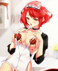 Rule 34 | 1girl, alternate costume, apron, blurry, blush, breasts, chocolate, chocolate covered, chocolate on body, collar, commentary, commentary request, dress, english commentary, enmaided, esther shen, food on body, hair ornament, headpiece, indoors, kitchen, large breasts, looking at viewer, maid, maid apron, maid headdress, nintendo, nude, open mouth, pyra (xenoblade), red eyes, red hair, short hair, solo, swept bangs, tiara, xenoblade chronicles (series), xenoblade chronicles 2