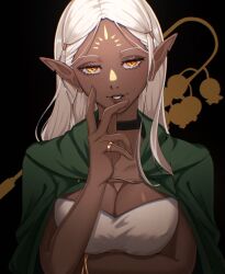 Rule 34 | 1girl, arm under breasts, black background, bracelet, breasts, chinese commentary, choker, cithis, cloak, closed mouth, collarbone, commentary, dark-skinned female, dark skin, dungeon meshi, elf, eyelashes, eyeshadow, facepaint, facial mark, forehead mark, green cloak, hair tubes, half-closed eyes, hand up, hood, hood down, hooded cloak, jewelry, large breasts, lipstick, long hair, looking at viewer, makeup, nikumaki43, notched ear, orange eyes, pointy ears, ring, smile, solo, staff, uniform, upper body, white hair