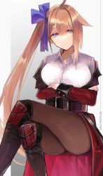 Rule 34 | 1girl, aaoshigatoutoi, absurdres, antenna hair, blue eyes, blue ribbon, brown hair, cosplay, crossed legs, expressionless, fal (girls&#039; frontline), girls&#039; frontline, griffin &amp; kryuger military uniform, hair ornament, hair ribbon, highres, long hair, looking at viewer, pantyhose, ribbon, shirt, side ponytail, sitting, solo, thighhighs, white shirt