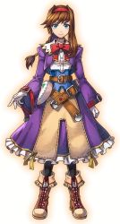 Rule 34 | 1girl, artist request, belt, black pantyhose, blue eyes, boots, bow, bowtie, braid, brown hair, closed mouth, cropped jacket, frills, fringe trim, gloves, hair intakes, hairband, jacket, long hair, looking at viewer, official art, pantyhose, purple jacket, purple skirt, red bow, red hairband, shirt, simple background, skirt, smile, solo, virginia maxwell, white background, white gloves, white shirt, wild arms, wild arms: million memories, wild arms 3