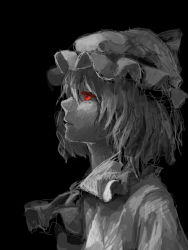 Rule 34 | 1girl, bad id, bad pixiv id, female focus, grey theme, greyscale, monochrome, portrait, profile, red eyes, remilia scarlet, shion (mamuring), shionty, short hair, solo, spot color, touhou