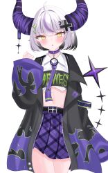 Rule 34 | 1girl, black jacket, blush, breasts, choker, collared shirt, crescent, crescent hair ornament, cropped shirt, cross hair ornament, demon horns, fang, flame print, grey hair, hair ornament, highres, hololive, horns, jacket, la+ darknesss, la+ darknesss (casual), looking at viewer, multicolored hair, navel, necktie, non non427, official alternate costume, open mouth, plaid, plaid skirt, purple choker, purple hair, purple necktie, purple skirt, shirt, short hair, skin fang, skirt, sleeves past fingers, sleeves past wrists, small breasts, streaked hair, virtual youtuber, white background, white shirt, yellow eyes