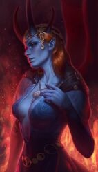 1girl baldur&#039;s_gate baldur&#039;s_gate_3 black_sclera blue_dress breasts cleavage colored_sclera colored_skin demon_girl dress dungeons_&amp;_dragons dungeons_&amp;_dragons fire grey_horns grey_skin highres horns long_hair medium_breasts mizora_(baldur&#039;s_gate) orange_hair plunging_neckline pointy_ears red_eyes solo upper_body vagoley