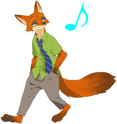 Rule 34 | 1boy, animal ears, animal hands, aqua eyes, blue necktie, claws, fox ears, fox tail, full body, furry, furry male, green shirt, grey pants, half-closed eyes, hands in pockets, hatenakayubi, looking away, male focus, musical note, necktie, nick wilde, pants, shirt, short sleeves, simple background, solo, standing, striped, striped necktie, tail, walking, white background, zootopia