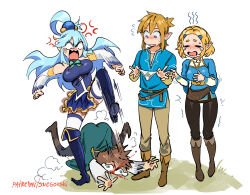 Rule 34 | 2boys, 2girls, = =, absurdres, anger vein, angry, aqua (konosuba), artist name, bare shoulders, belt, black pants, blonde hair, blood, blue hair, blue skirt, blue tunic, blush, boots, bow, breasts, brown belt, brown footwear, brown pants, cape, commentary, crossover, detached sleeves, english commentary, full body, grass, green bow, green cape, hair ornament, highres, holding, holding clothes, holding panties, holding underwear, jewelry, kicking, kono subarashii sekai ni shukufuku wo!, link, long hair, looking down, medium breasts, motion blur, motion lines, multiple boys, multiple girls, nintendo, panties, pants, patreon username, pointy ears, princess zelda, rectangular mouth, satou kazuma, shirt, skirt, sleeveless, sleeveless shirt, snegovski, standing, tearing up, the legend of zelda, the legend of zelda: breath of the wild, thighhighs, thighhighs under boots, trembling, underwear, violence, wavy mouth, white background, white panties, white sleeves, white thighhighs