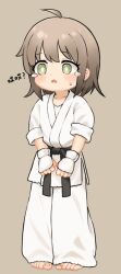 Rule 34 | 1girl, ahoge, barefoot, belt, black belt, bright pupils, brown hair, chinese commentary, commentary request, dougi, eyelashes, full body, green eyes, grey background, kuma-bound, martial arts belt, medium hair, original, pants, simple background, solo, standing, tears, toes, white pants, white pupils