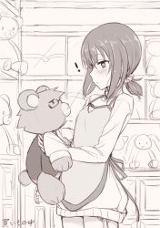 Rule 34 | !, 1girl, apron, blush, closed mouth, cowboy shot, dress, hair between eyes, hair ornament, hair scrunchie, holding, holding stuffed toy, indoors, layla (mino), long sleeves, looking away, low ponytail, monochrome, nonono (mino), original, panties, ponytail, price tag, scrunchie, side-tie panties, solo, stuffed animal, stuffed toy, teddy bear, underwear