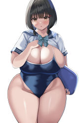 Rule 34 | 1girl, absurdres, black hair, blue bow, blue bowtie, blue one-piece swimsuit, blue sailor collar, blunt bangs, bow, bowtie, breasts, clothes lift, highres, holding, huge breasts, looking at viewer, neneneji, one-piece swimsuit, original, plump, sailor collar, school uniform, shirt, shirt lift, short hair, short sleeves, short twintails, simple background, solo, swimsuit, thick thighs, thighs, twintails, white background, white shirt, wide hips, yellow eyes