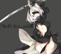 Rule 34 | 1girl, absurdres, ass, back, black dress, black gloves, blindfold, breasts, clothes lift, covered eyes, dress, dress lift, from behind, gloves, hairband, highres, katana, kikistark, large breasts, leotard, looking at viewer, looking back, nier:automata, nier (series), parted lips, short hair, sideboob, silver hair, smile, solo, sword, thighhighs, thong, weapon, 2b (nier:automata)