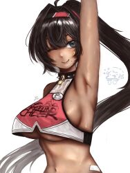 Rule 34 | 1girl, ahoge, armpits, bay (nikke), black eyes, black hair, breasts, cheerleader, chocoruh, collar, crop top, dark-skinned female, dark skin, facial tattoo, fang, goddess of victory: nikke, hair intakes, hairband, highres, large breasts, light blush, long hair, mole, mole on breast, mole under mouth, multicolored hair, navel, one eye closed, ponytail, red hair, red shirt, shirt, sideboob, solo, spiked collar, spikes, star-shaped pupils, star (symbol), star tattoo, streaked hair, sweat, symbol-shaped pupils, tattoo, underboob