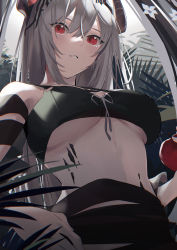 Rule 34 | 1girl, absurdres, apple, arknights, bikini, black bikini, breasts, commentary, demon horns, english commentary, flower, food, fruit, grey hair, hair between eyes, hair ornament, highres, holding, holding food, holding fruit, horns, igawa hikaru, large breasts, long hair, looking at viewer, material growth, mudrock (arknights), mudrock (silent night) (arknights), official alternate costume, oripathy lesion (arknights), outdoors, plant, red eyes, solo, stomach, swimsuit, underboob, upper body, white flower