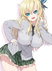 Rule 34 | 1girl, black necktie, blonde hair, boku wa tomodachi ga sukunai, breasts, butterfly hair ornament, collared shirt, commentary request, contrapposto, fang, green eyes, hair ornament, hand on own hip, highres, kashiwazaki sena, large breasts, long hair, looking at viewer, necktie, onsoku inu, open mouth, shirt, skirt, sleeves past wrists, solo, white background, white shirt