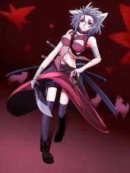 Rule 34 | 1girl, animal ears, autumn leaves, bandages, bare shoulders, black thighhighs, breasts, female focus, highres, icf, inubashiri momiji, mazuka kei, navel, red eyes, scabbard, sheath, sheathed, short hair, silver hair, skirt, solo, sword, thigh strap, thighhighs, touhou, weapon, wolf, wolf ears