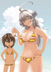 Rule 34 | 2girls, ahoge, alternate costume, bikini, breast envy, breasts, brown eyes, brown hair, flat chest, florida bikini, gold bikini, grey eyes, grey hair, headgear, highres, holding, kantai collection, large breasts, long hair, looking at viewer, meme attire, multiple girls, navel, nipples, pasties removed, short hair, standing, swimsuit, tsun&#039;ichi (tsun1), very long hair, wakaba (kancolle), washington (kancolle)