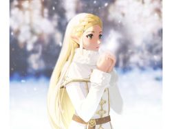 Rule 34 | 1girl, bad id, bad twitter id, blonde hair, coat, green eyes, long hair, nintendo, pointy ears, princess zelda, simple background, snow, snowing, solo, sophie (693432), the legend of zelda, the legend of zelda: breath of the wild, winter, winter clothes, winter coat