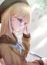 Rule 34 | 1girl, adjusting eyewear, beret, blonde hair, blue eyes, brown hat, brown sailor collar, brown serafuku, brown shirt, buttons, chiitora, double-breasted, earrings, feathers, flower earrings, from side, glasses, hand on eyewear, hat, holding, holding pen, holding quill, jewelry, long hair, long sleeves, looking at object, neckerchief, original, pen, quill, round eyewear, sailor collar, school uniform, serafuku, shirt, solo, white neckerchief