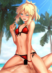 Rule 34 | 1boy, 1girl, bar censor, bare shoulders, beach, bikini, bikini aside, blonde hair, blue sky, braid, breasts, censored, clothing aside, collarbone, cowgirl position, fate/grand order, fate (series), french braid, girl on top, green eyes, hetero, highres, long hair, looking at viewer, mordred (fate), mordred (fate) (all), mordred (swimsuit rider) (fate), mordred (swimsuit rider) (first ascension) (fate), open mouth, orochi itto, palm tree, parted bangs, ponytail, red bikini, sex, sidelocks, sky, small breasts, smile, spread legs, straddling, swimsuit, thighs, tree, vaginal