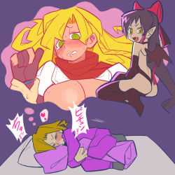 Rule 34 | 1boy, 2girls, @ @, alternate costume, ass, bed, black gloves, black hair, black legwear, blanket, blonde hair, bow, breasts, closed eyes, closed mouth, commentary request, cookie (touhou), demon girl, demon wings, dreaming, elbow gloves, fang, full body, genderswap, genderswap (ftm), gloves, green eyes, hair between eyes, hair bow, hakurei reimu, heart, hetero, high heels, highres, holding another&#039;s wrist, kirisame marisa, large breasts, long hair, looking at viewer, mars (cookie), multiple girls, open mouth, partially fingerless gloves, pillow, pointy ears, red bow, red scarf, rei (cookie), sananana (cookie), scarf, scotch (cookie), sleeping, thighhighs, touhou, trap, wings, yellow eyes