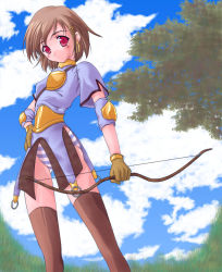 Rule 34 | 1girl, archer (ragnarok online), armor, black thighhighs, blue panties, blush, bow (weapon), breastplate, brown hair, dress, elbow pads, gloves, hair ribbon, panties, ragnarok online, red eyes, ribbon, short hair, solo, standing, striped clothes, striped panties, thighhighs, tress ribbon, underwear, weapon
