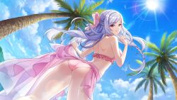 Rule 34 | 1girl, :q, alexia midgar, ass, back, bikini, blue sky, bow, braid, clothes lift, coconut tree, day, floating hair, from behind, from below, game cg, grey hair, hair bow, half up braid, halterneck, highres, holding sarong, kage no jitsuryokusha ni naritakute!, looking at viewer, looking back, looking down, non-web source, official alternate costume, official alternate hairstyle, outdoors, palm tree, pink bikini, pink bow, pink sarong, pointing, pointing at self, red eyes, sarong, sarong lift, side braid, sky, smile, solo, standing, sun, swept bangs, swimsuit, teasing, tongue, tongue out, tree, v-shaped eyebrows