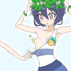 Rule 34 | 10s, 1girl, 1other, armpits, arms up, assisted exposure, bare shoulders, blue background, blue hair, blush, bracelet, breasts, censored, censored nipples, convenient censoring, flower, flower censor, hair flower, hair ornament, highres, jewelry, mizuno ai, motion lines, open mouth, pink eyes, short hair, simple background, small breasts, solo focus, standing, sweat, sweatdrop, tekisui, zombie, zombie land saga