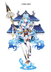 Rule 34 | architecture, blue hair, breasts, character request, east asian architecture, full body, gloves, hair ornament, holding, holding polearm, holding spear, holding weapon, long hair, looking at viewer, medium breasts, official art, oshiro project:re, polearm, ririkuto, spear, thighhighs, very long hair, weapon, white background, white gloves, white thighhighs