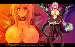 Rule 34 | 1girl, ahoge, black thighhighs, breasts, broom, collar, double bun, dragon girl, electricity, garter straps, hair bun, headdress, horns, huge breasts, monster girl, nefarian, nipple slip, nipples, onyxien, orange eyes, personification, pink hair, see-through, shoes, short hair, solo, tail, tears, thighhighs, warcraft, wings, world of warcraft, zoom layer